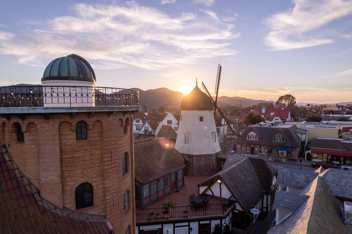 Aerial, windmill at sunset