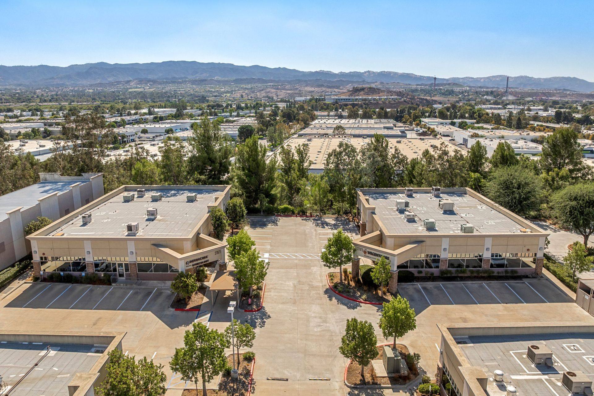 Aerial, both plaza buildings