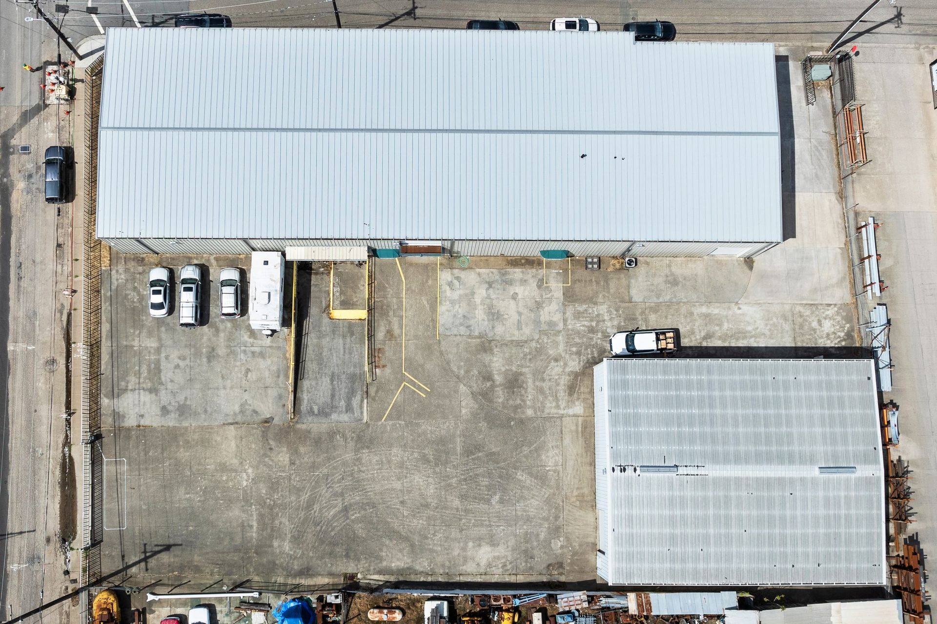 Aerial top-down, both warehouses