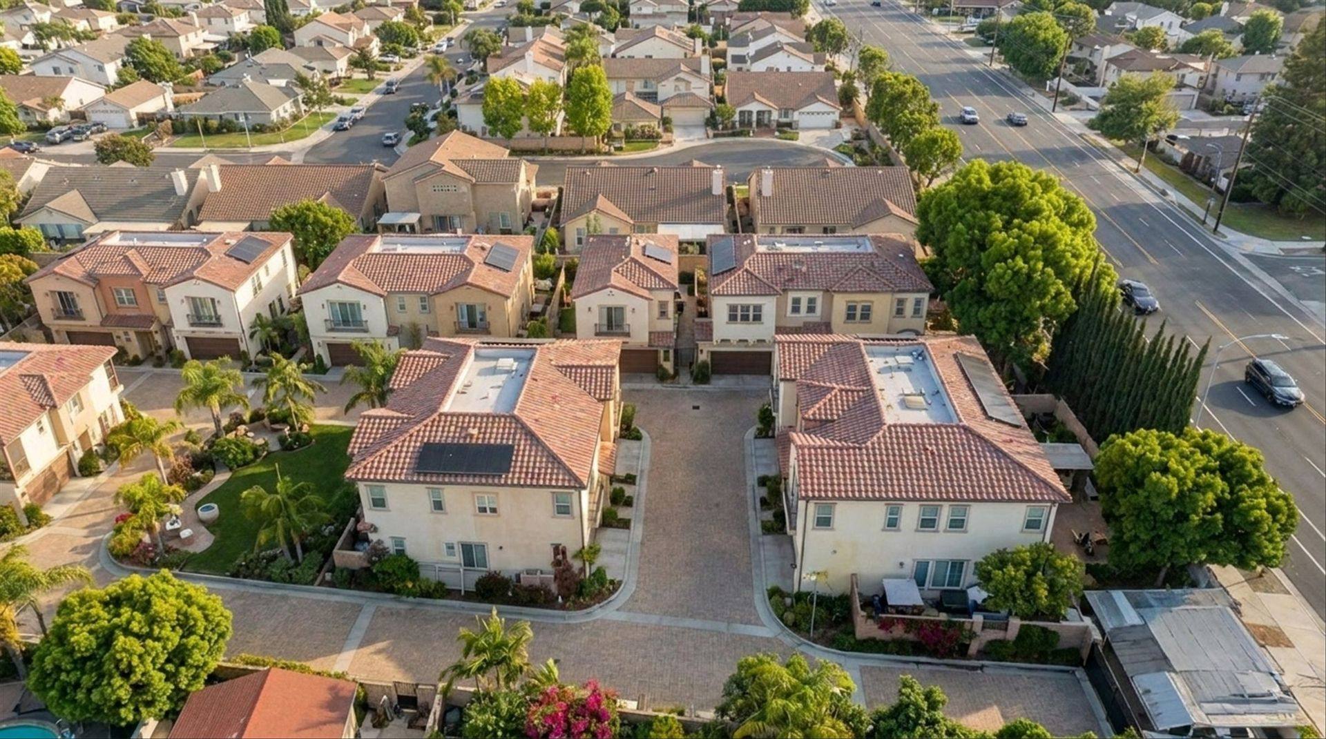 Aerial, comparable infill homes (AI-generated)